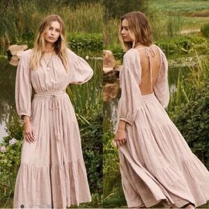 Free People Ibiza Dress‎ Maxi Open Back Mushroom Bloom Cottage Boho